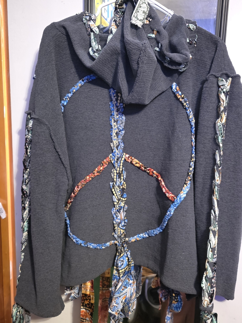 POL Small Oversized Hoodie  Colorful Braided Peace Fits Like Large PTP 24 EUC